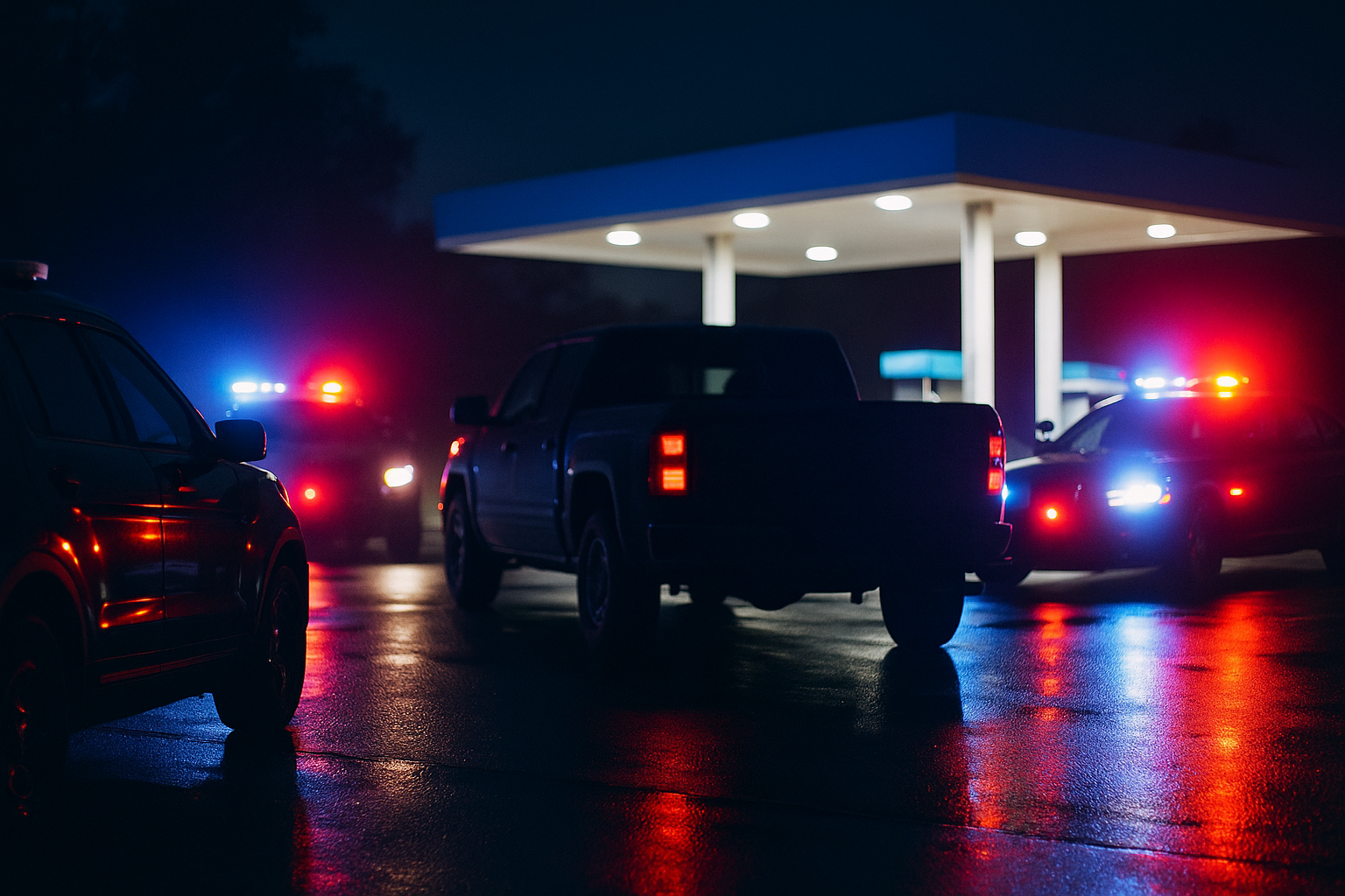 Alt text: Police vehicles with flashing lights surround a pickup truck at a gas station at night.