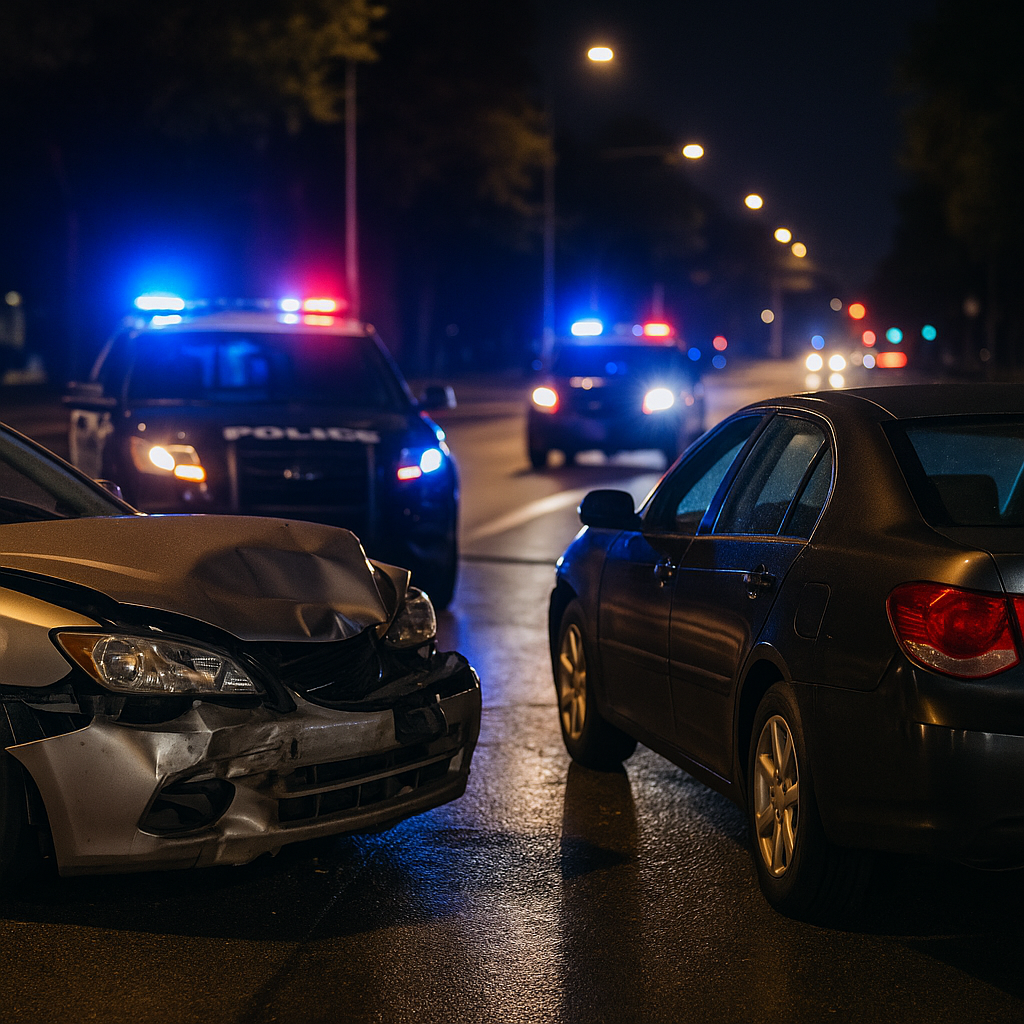 A nighttime police chase crash with damaged cars and flashing lights