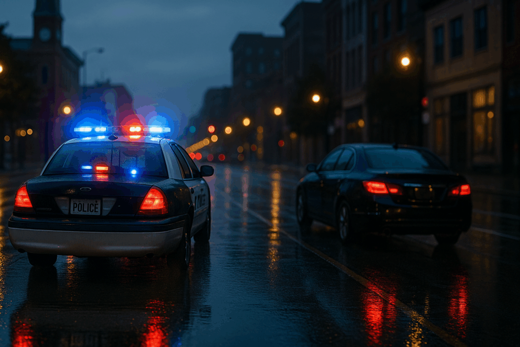 Police cruiser lights blur as a driver slows on a wet Augusta street at dusk.