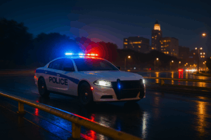 A police cruiser with flashing lights reflects on a wet Augusta roadway at night.