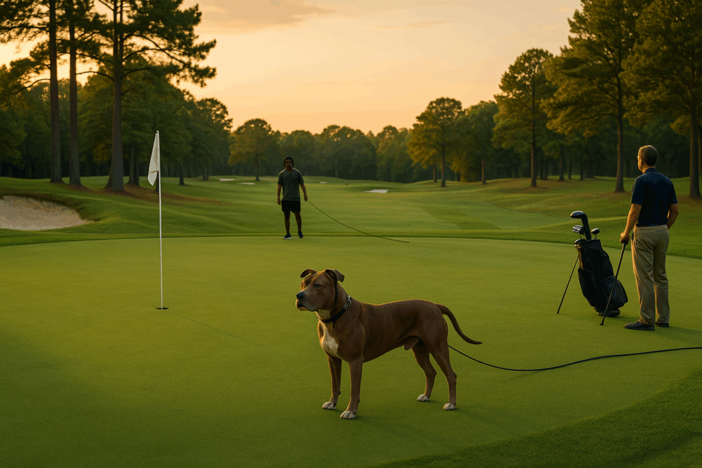 Evening view of a Georgia putting green with a leashed dog near the fringe and a golfer standing back at a safe distance.