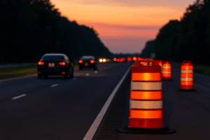 Cars pass orange work barrels at dusk on a Georgia highway.