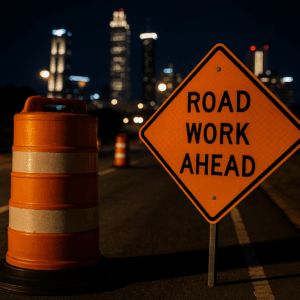 Nighttime I-20 roadwork with orange barrels and construction lights along a narrowed lane.