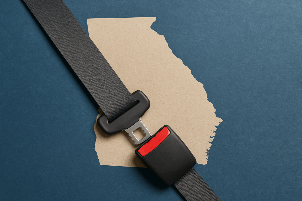 Close-up of a seat belt over a cutout map of Georgia on a blue background.