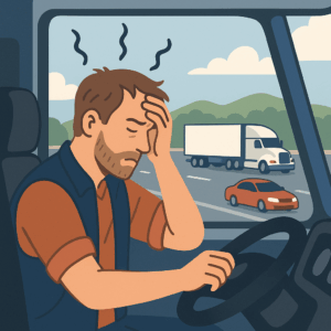 A truck driver sits in his cab, visibly stressed while holding his head