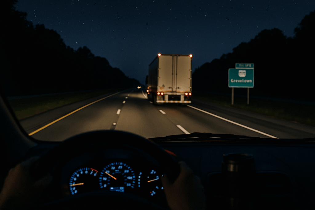 Night highway from a driver’s view with a semi-truck ahead, suggesting alert, rested driving.