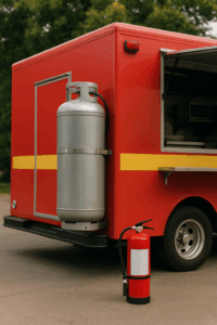 Red food truck with an exterior propane cylinder and a fire extinguisher in front.