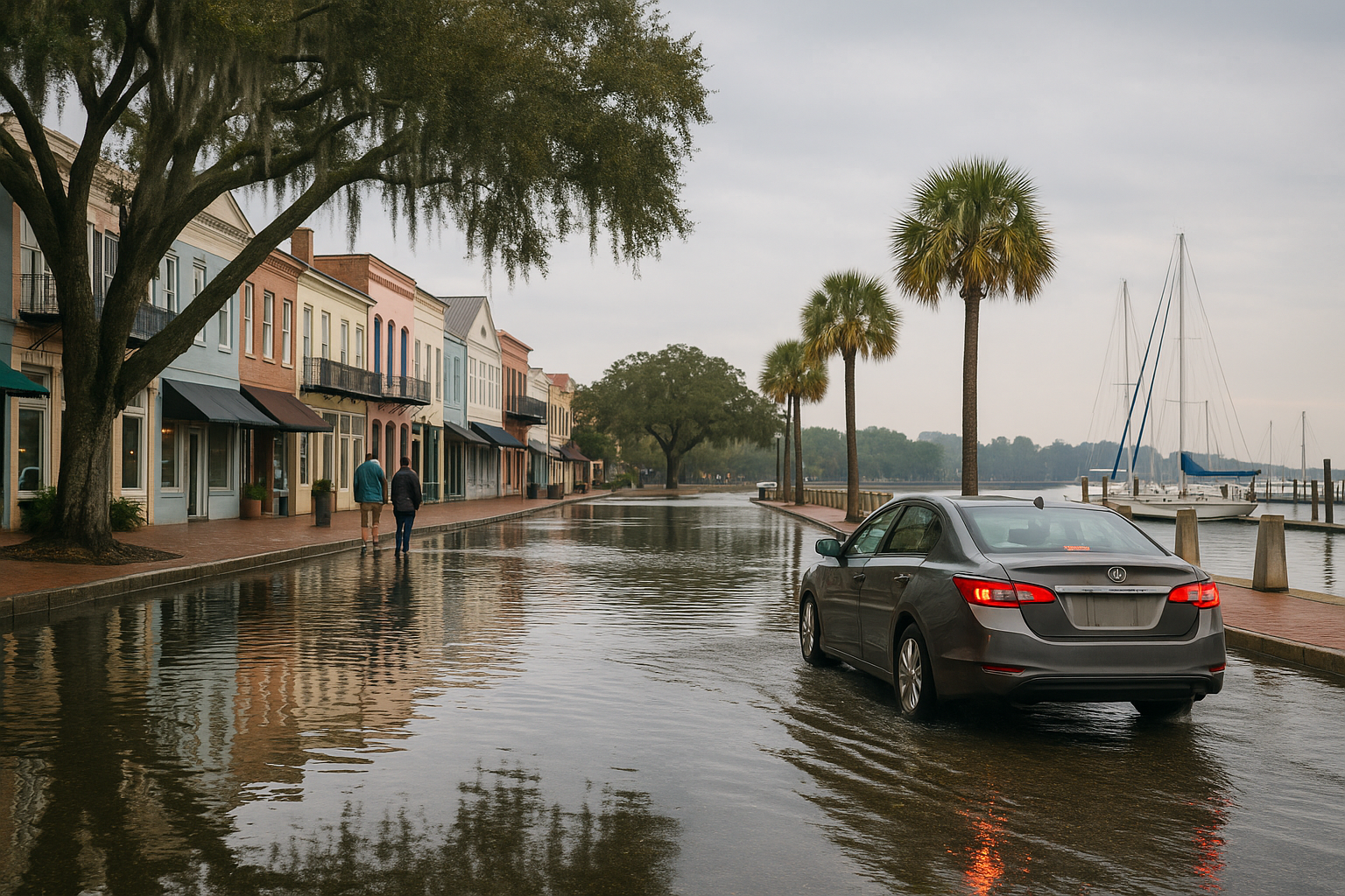 Flooded street along Downtown Beaufort’s waterfront with pastel storefronts, palm trees, a halted sedan, and sailboats in the harbor.