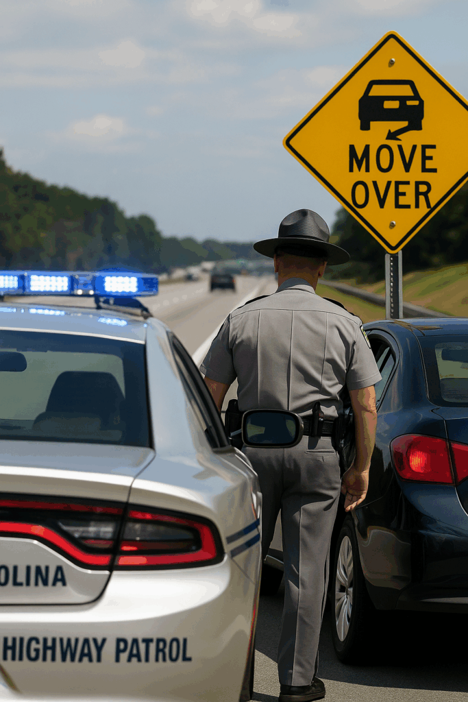 South Carolina trooper on a highway shoulder with emergency lights flashing as traffic passes a Move Over sign.