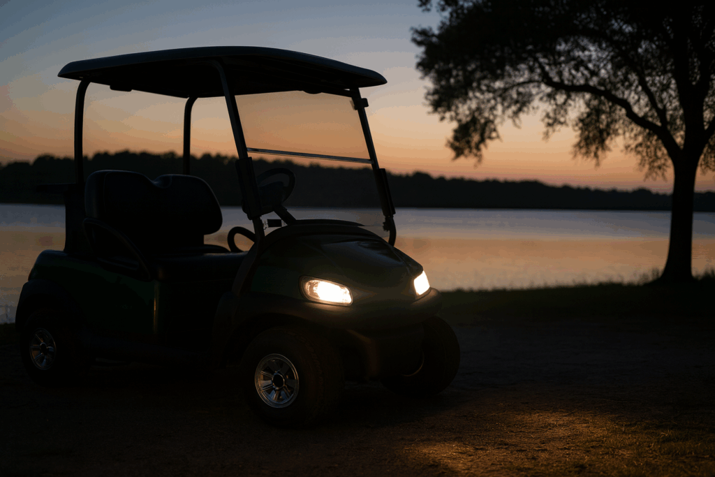 Golf cart with headlights on at dusk beside calm coastal water