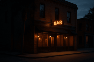 Twilight street view of a brick bar with an orange neon BAR sign, warm-lit windows, and a nearby palmetto tree in South Carolina.