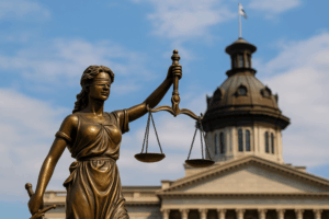 Lady Justice statue with the South Carolina State House dome in the background.