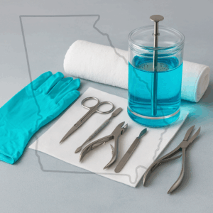Sterilized nail tools, gloves, and disinfectant jar arranged neatly on a clean surface.