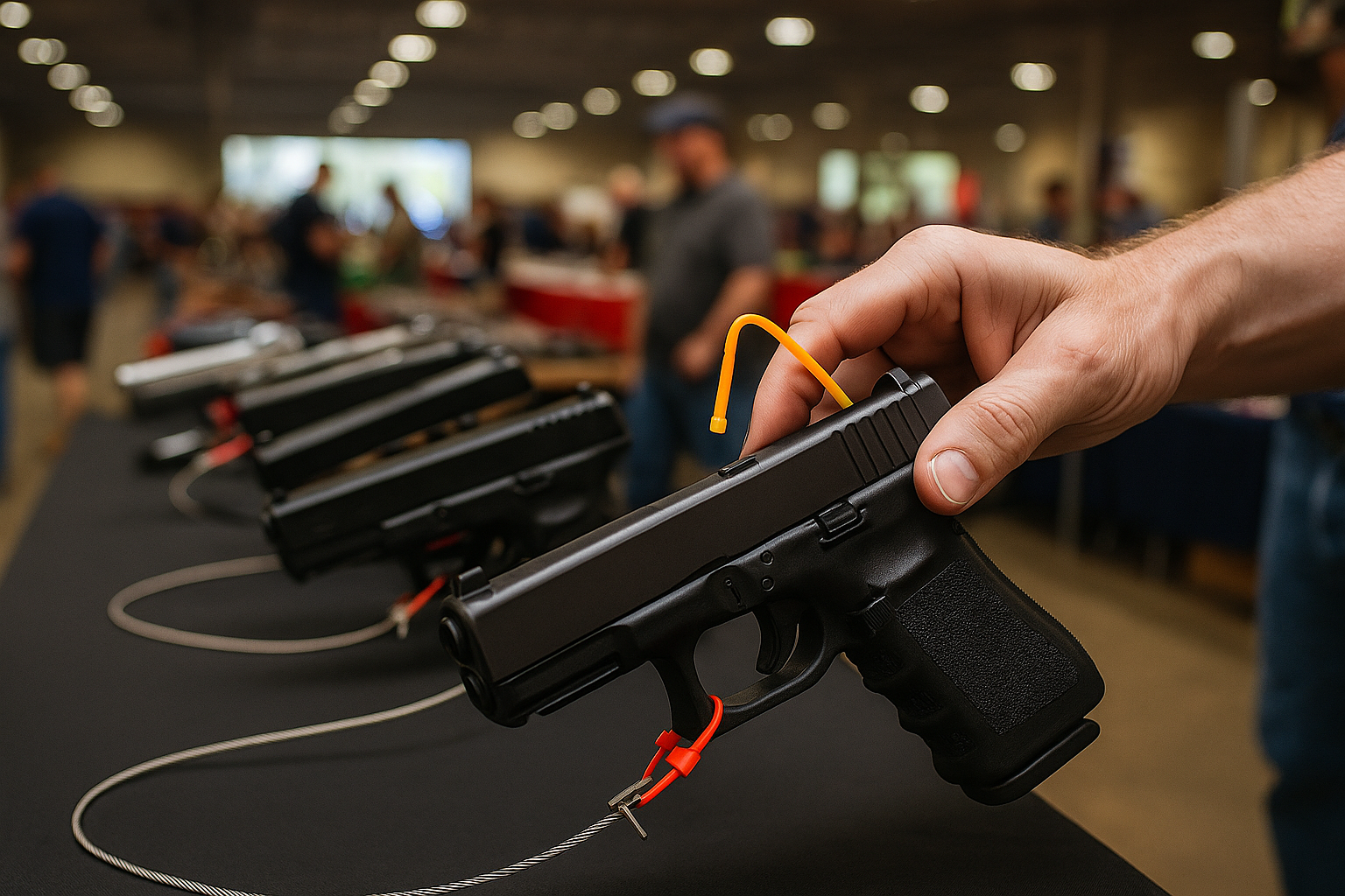 Hand clearing a pistol with a chamber flag at a busy gun show table
