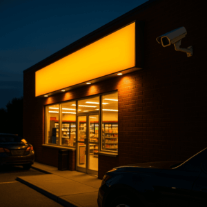 Twilight view of a brick convenience store with warm interior lights, a blank illuminated sign, parked cars, and a visible security camera.