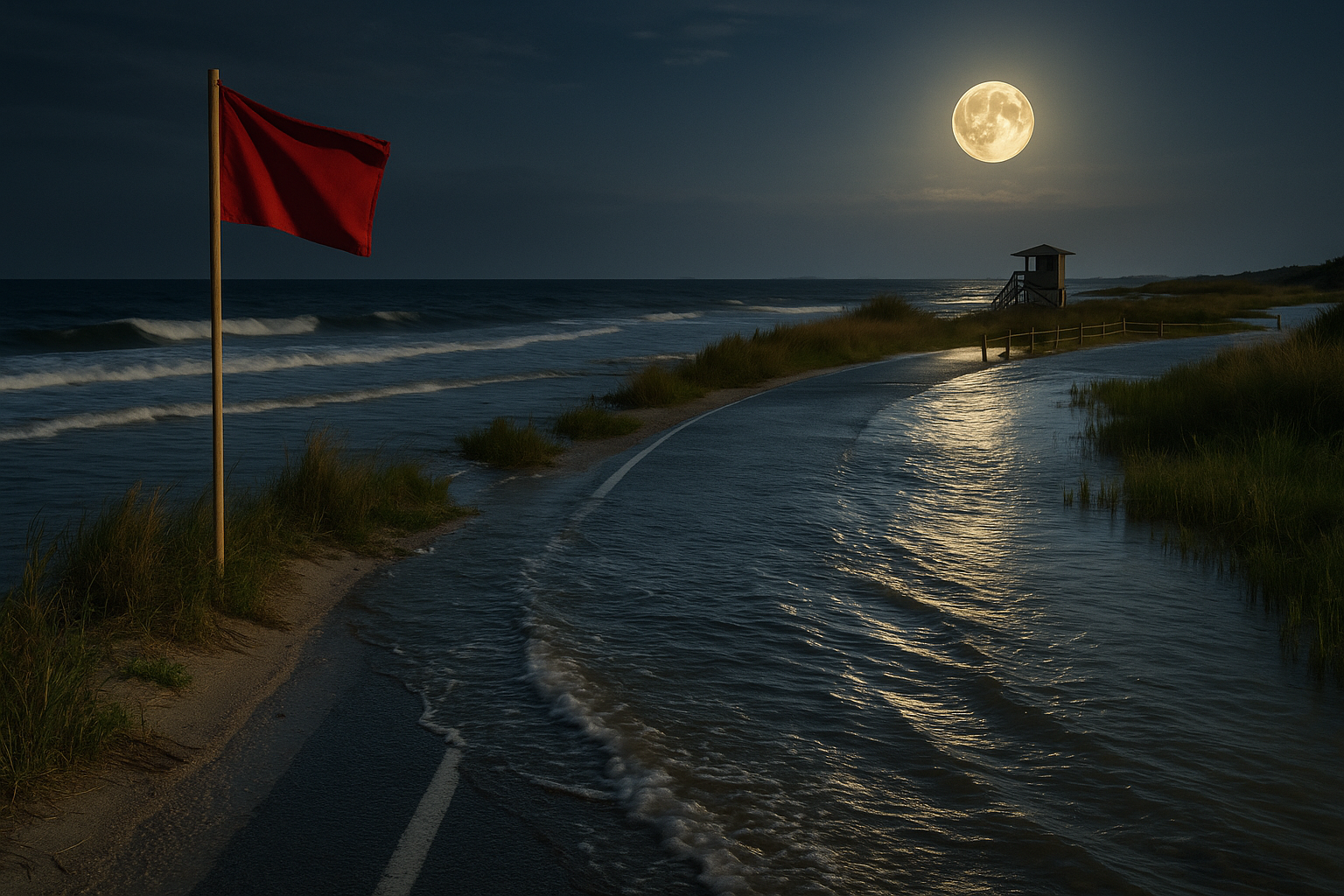Moonlit king tide flooding a Lowcountry beach road with a red warning flag, rough surf, and a distant lifeguard tower.