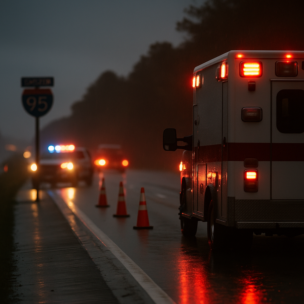 Ambulance and police vehicles with flashing lights respond to an accident on South Carolina’s I-95 at dusk, rain reflecting off the wet highway as traffic cones mark a closed lane and dark storm clouds hang overhead.