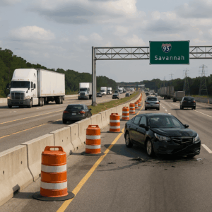 A multi-lane stretch of Interstate 95 in South Carolina shows heavy traffic with semi-trucks and cars traveling past orange construction barrels. A damaged black sedan is stopped near the concrete barrier under a green highway sign for Savannah, reflecting ongoing road construction and the dangers of increased truck traffic along the I-95 corridor near Beaufort and Bluffton.