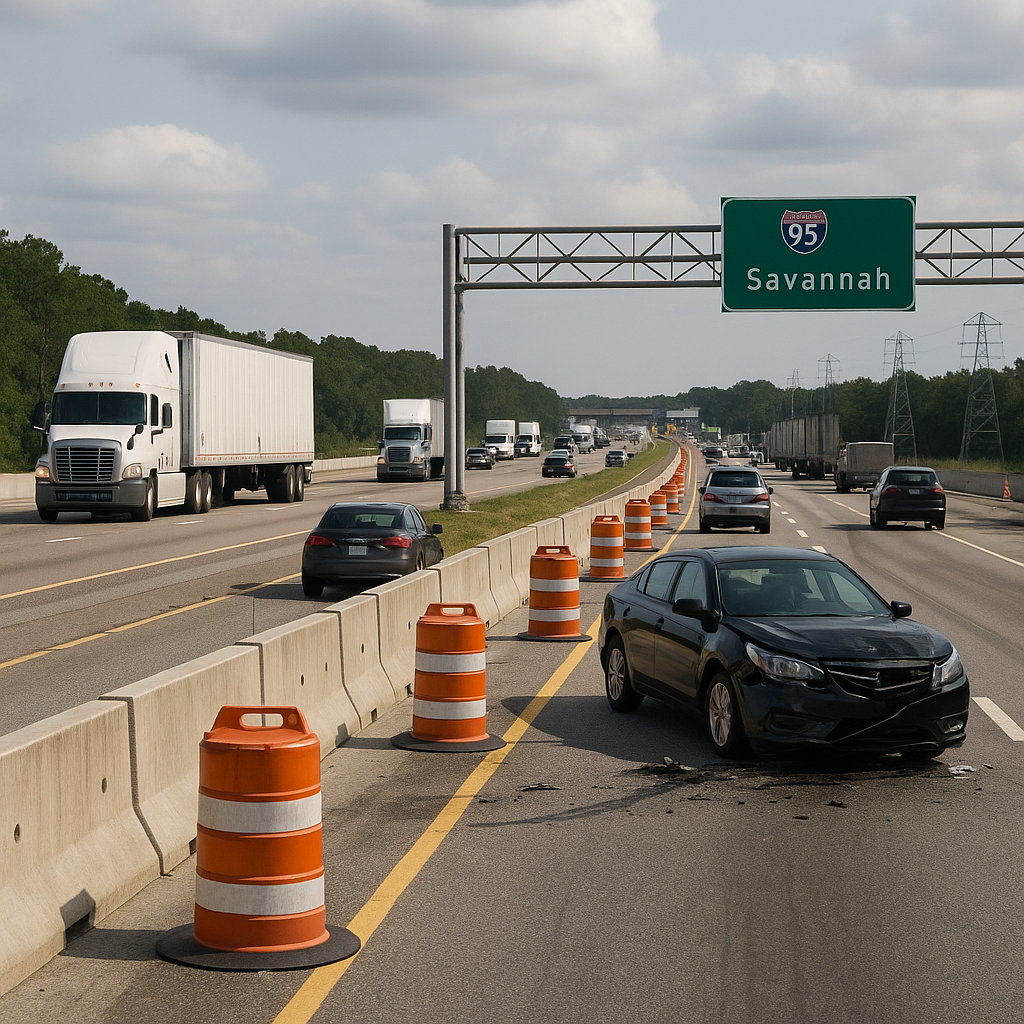 A multi-lane stretch of Interstate 95 in South Carolina shows heavy traffic with semi-trucks and cars traveling past orange construction barrels. A damaged black sedan is stopped near the concrete barrier under a green highway sign for Savannah, reflecting ongoing road construction and the dangers of increased truck traffic along the I-95 corridor near Beaufort and Bluffton.